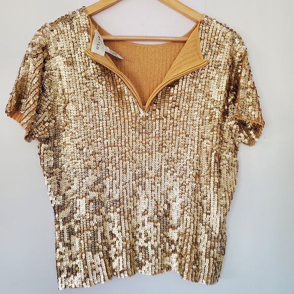 VINTAGE OSCAR DE LA RENTA Sz L Gold Sequin Short Sleeve Sweater Top Zip GLITZY - Picture 11 of 16